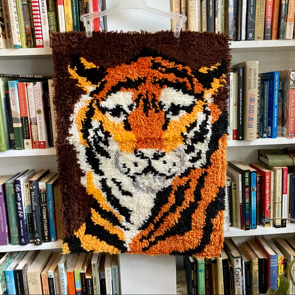 Vintage Tiger Latch Hook Wall Hanging - Brown, Orange, Black, White